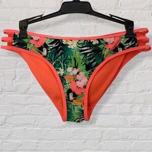 TiniBikini Green Orange Tropical Print Strappy Sides Bikini Bottoms